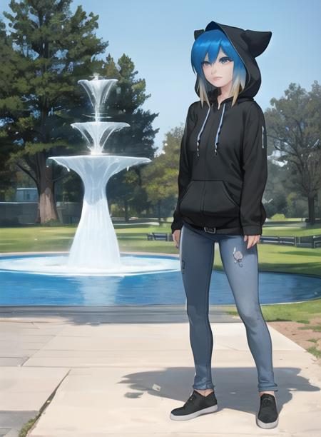 1665721851324-3574677330-SS_Eve, bluehair, black hoodie, hood, denim jeans, standing, facing viewer, beautiful eyes, in park with fountain,.png